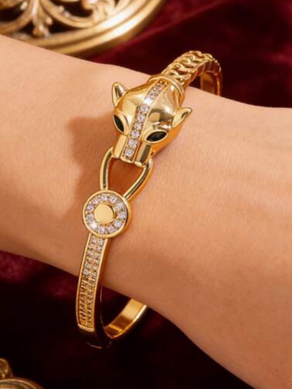 Gold Panther Head Crystal Bracelet with Green Eyes - Picture 3 of 5